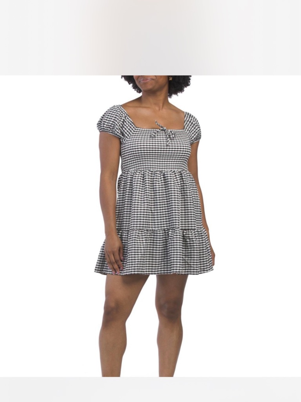 Gingham Puff-Sleeve Mini Dress - Black & White